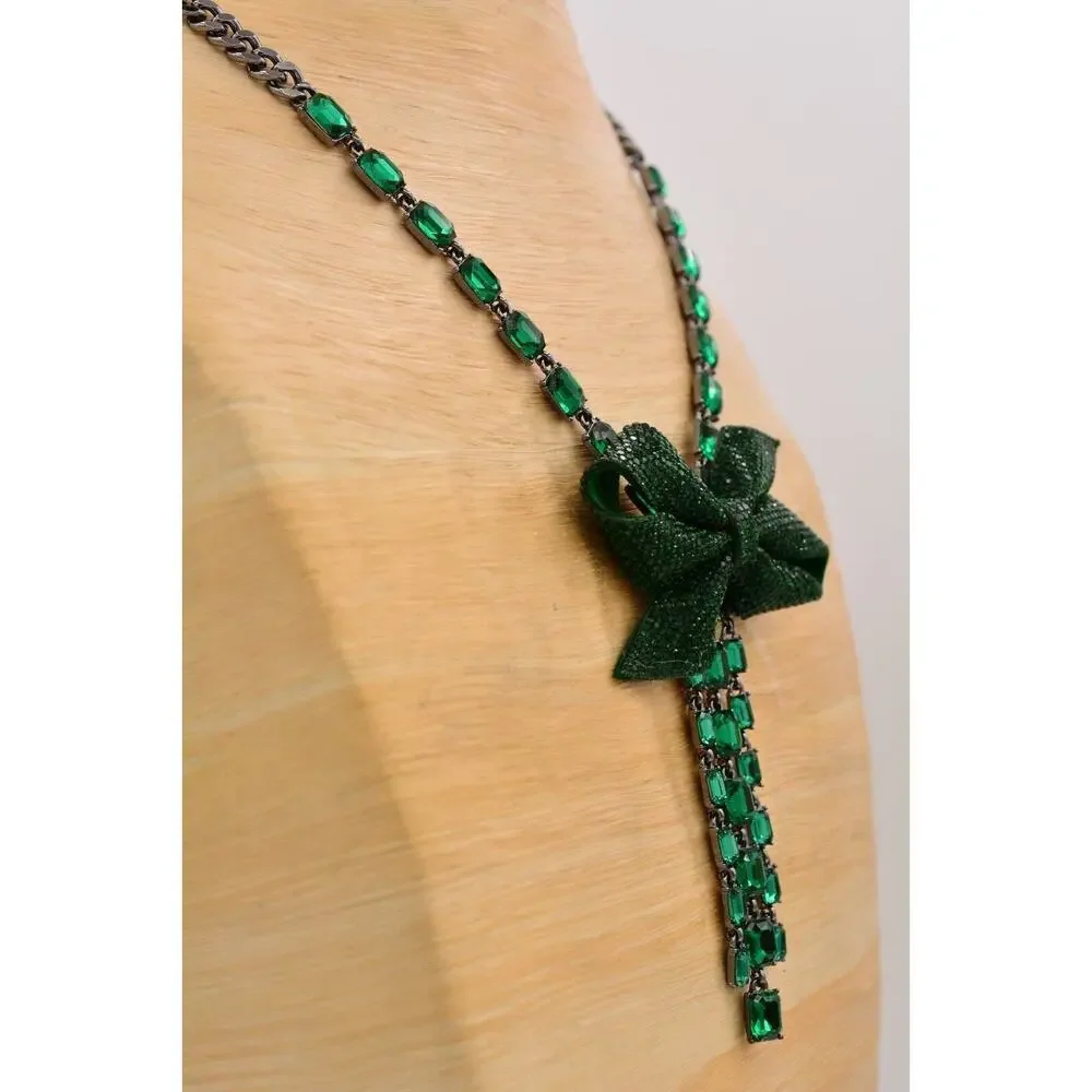Betsey Johnson Green Christmas Bow Necklace Baguette Crystal Holiday NWT BinBJ